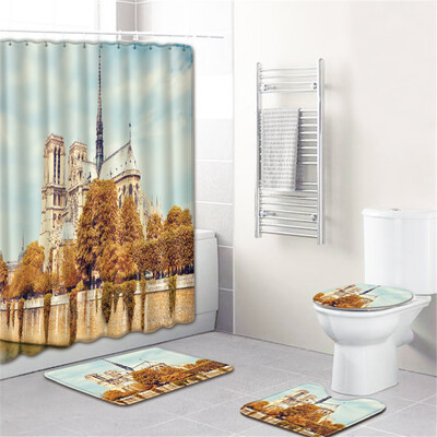 

Gobestart Waterproof Bathroom Shower Curtain Set Non-Slip Rug Toilet Lid Cover Bath Mat