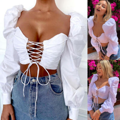 

US Women Bandage Crop Tops Ladies Long Sleeve Evening Party Club T-Shirt Blouse