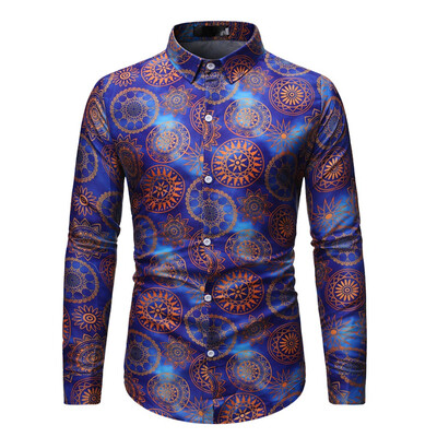 

Toponeto Mens Ethnic Style Vintage Printing Slim Long Sleeve Dress Shirt Blouse Tops