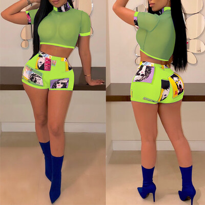 

Women 2 Piece Outfits Short Sleeve Mesh Crop Tops Shorts Set Jumpsuit Rompers