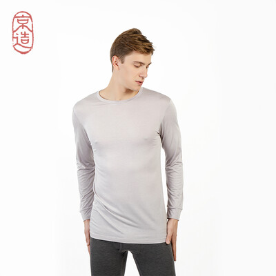 

JZAO mens thermal underwear heating fiber thin section Slim long-sleeved T-shirt light gray round neck S code