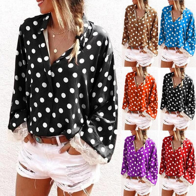 

2019 Europe&the United States foreign trade womens WISH EBAY explosion models casual printing V-neck long-sleeved shirt dot s