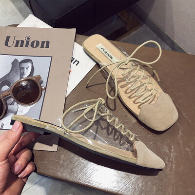 

Slipper women 2019 spring new fashion transparent plastic square lace-up slippers Korean version of flat-bottomed Mueller shoes ti