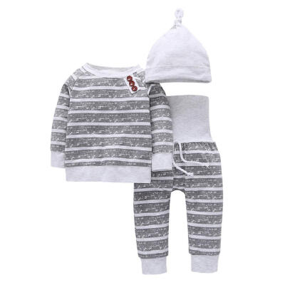 

Warm Long Sleeve Baby Sleepwear Set 3pcs Cotton Stripe T-shirt Pants Hat