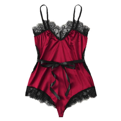 

Toponeto Sexy Women Eyelash Lace Stain Silk Bodysuit Jumpsuit Pajamas Lingerie Underwear