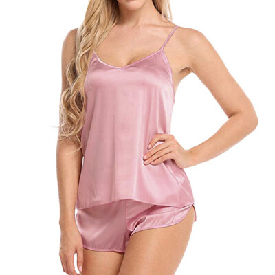 

Sleepwear Set V-neck Lace Pajamas Sexy Simulation Silk Lace Sleeveless TopsRomantic Shorts Two Sets Pajamas Women