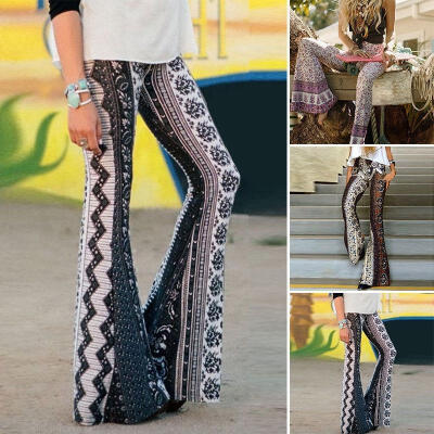 

Women Floral Hippie High Waist Wide Leg Long Flared Casual Bell Bottom Pants