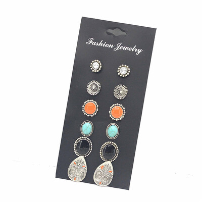 

Olaru Jewelry 6pairsSet Vintage Blue Stone Water Drop Crystal Trendy Stud Earring For Woman 2017 Hot New Flower Earrings Set