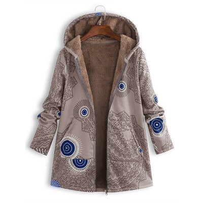 

Womens Warm Hoodie Hooded Coat Zip Up Print Jacket Long Sleeve Plush Outwear