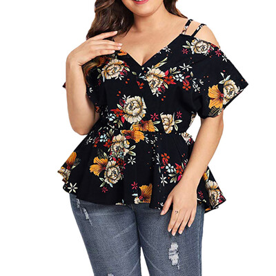 

Roseonmyhand Womens Plus Size Short Sleeve Shirt Cold Shoulder Floral Peplum Top Blouse