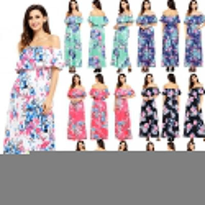 

New Women Off Shoulder Floral Loose Dress Summer Party Long Beach Sundress