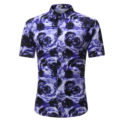 

Summer New Men\s Casual Short-Sleeved Purple Rose Print Shirts