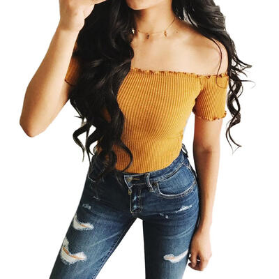 

Women Sexy Off Shoulder Ruffle Short Sleeve T-Shirt Slim Elastic Crop Tops