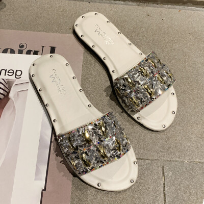 

Sandals&slippers for female summer wear fashion chic with Korean flat bottom Joker rhinestone drag