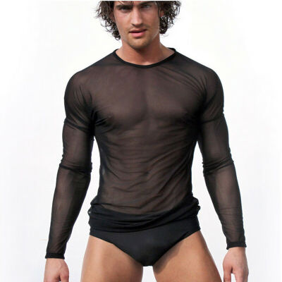 

Mens See-through Long Sleeve Shirt Mesh Muscle Fishnet Slim Fit Top Tee