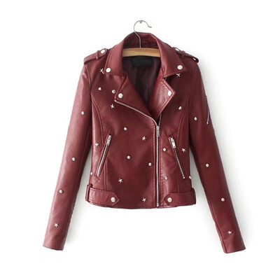 

Toponeto Womens Casual Solid Color Lapel Zipper Long Sleeve Rivet Leather Jacket Coat