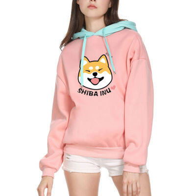 

019 Autumn Winter Korean Loose Students Cartoon Husky Print Women Hoodies Fashion Casual Thicken Color Patchwork Hooded Pullover