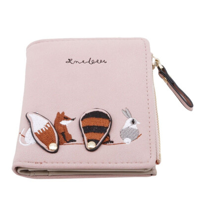 

Cartoon Fox Rabbit Animal Embroidery Zipper Women Purse Foldable Short Wallet