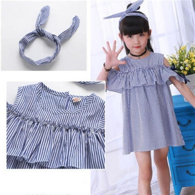 

1-5 Years Newborn Baby Girls Lace Off Shoulder Denim Dress headhand Party Princess Hoilday Dresses