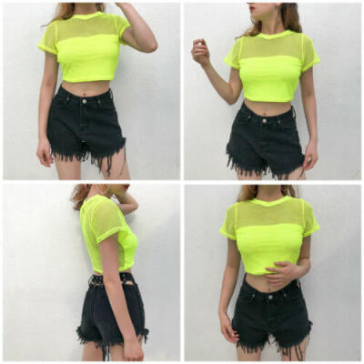 

Women Girls Clubwear Mesh Fishnet Hollow Crop Top Short Sleeve Vest Tank Blouse