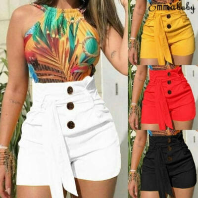 

UK Summer Women Ladies High Waist Casual Solid Beach Hot Pants Shorts Size 6-14