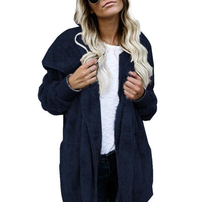 

Winter Women Fleece Jackets Open Front Hooded Cardigan Loose Pockets Coat