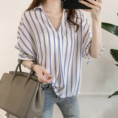 

Women Casual Stripe V Neck 34 Sleeve Blouse Loose Top Ladies Office Work Shirt