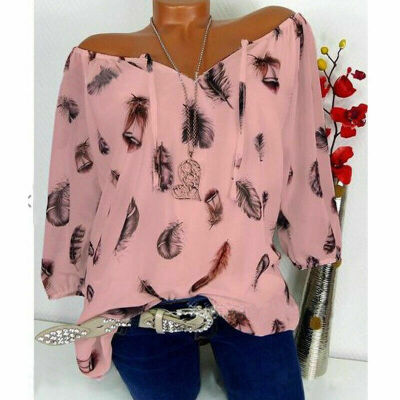 

Women V-neck Chiffon Tops Long Sleeve Tunic Blouse Flower Print Shirts Plus Size