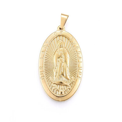 

304 Stainless Steel Pendants Oval with Our Lady Golden 49x285x4mm Hole 8x5mm