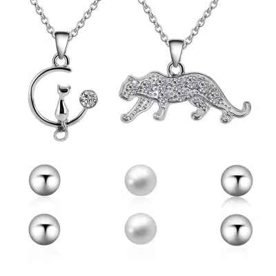 

Cute Cat Panther Pendant Women Necklace Set Girl Adjustable Silver Animal Chain with Pearl Earrings Gift Jewelry