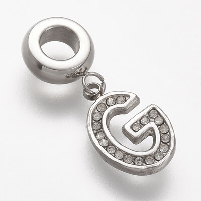 

304 Stainless Steel European Dangle Beads with Rhinestone LetterG 24mm Hole 45mm 12x95x15mm