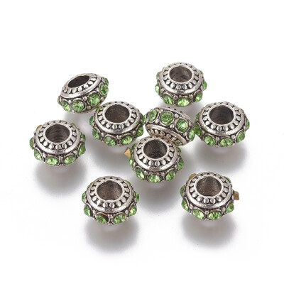 

Alloy European Beads with Rhinestone Large Hole Beads Rondelle Antique Silver Peridot 13x7mm Hole 5mm