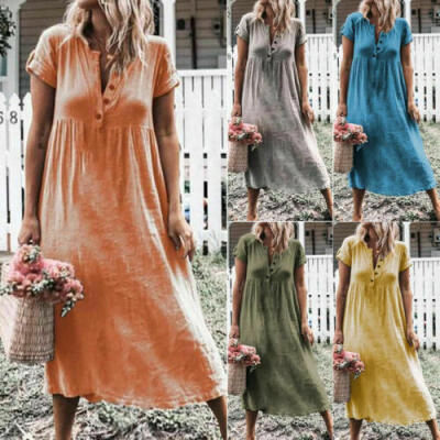 

Women Short Sleeve Cotton Linen Boho Party Casual Maxi Dress Sundress Plus