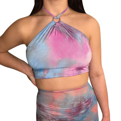 

Starmoon Women Flower Color Tight Fitting Tie-Dyed Halter T-Shirt