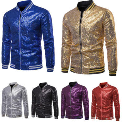 

US Men Bling Sequin Glitter Tuxedo Blazer Coat Formal Stage Zipper Suit Jacket