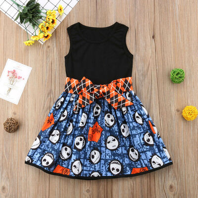 

UK Kid Baby Girls Dress Skull Printed Sleeveless Children Halloween Costume New