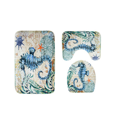 

3Pcs Bathroom Toilet Non-Slip Cover Mats Kit Turtle Octopus Whale Sea Horse Footcloth