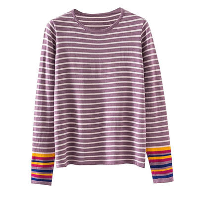 

Fashion Women Casual Daily Long Sleeve O-Neck Basic T-shirt Stripe Tops