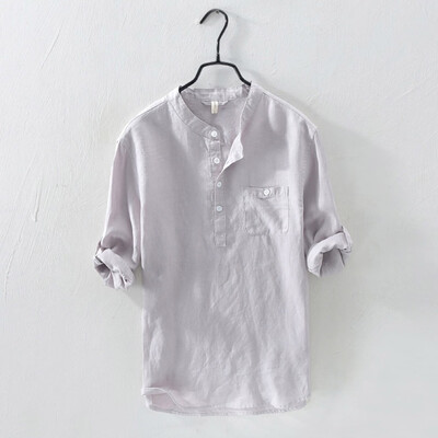 

Toponeto Mens Causal Shirt Long Sleeve Top Button Cotton Linen Solid Color Loose Blouse