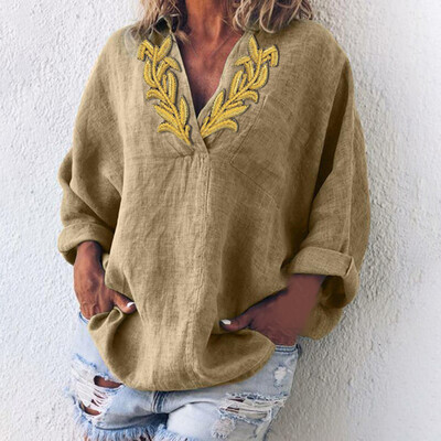 

Womens Loose Fit Blouse Embroidery Tops V-neck Casual T-shirt Long Sleeve Shirts