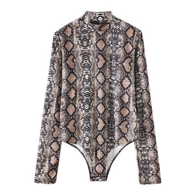 

Sexy Women Snake Skin Print Turtleneck Long Sleeve Bodysuit Slim Jumpsuit