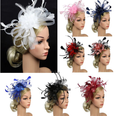 

US Women Wedding Party Feather Pearl Mesh Fascinator Hat Hair Clip Accessories