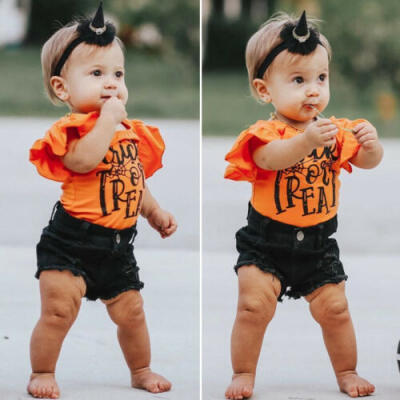 

US Newborn Baby Girl Clothes Halloween Tops Romper Denim Shorts 2PCS Outfit Set