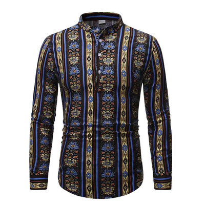 

Tailored Men Ethnic Long Sleeve Stripe Cotton Linen Printing Hawaiian Shirt Blouse