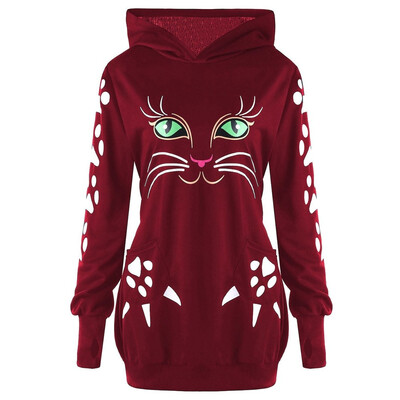 

Nomeni Womens Sweatshirt Cat Print Hoodie With Ears Hooded Pullover Tops Blouse