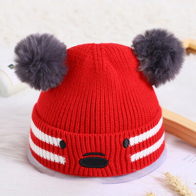 

Cute Bear Double Balls soft Baby Knitted Wool hat Thick head protector keep warm for boys&girls outdoor Autumn Winter hat