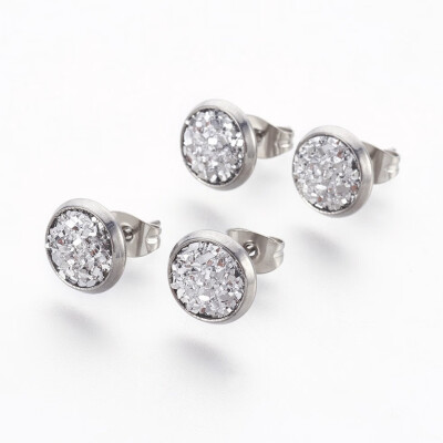 

304 Stainless Steel Stud Earrings with Resin Druzy Flat Round Silver 14x10mm Pin 08mm