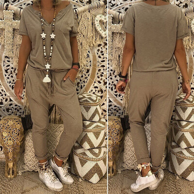 

Starmoon Women V-neck Jumpsuit Loose Long Pants Plus Size Casual Rompers with Pockets