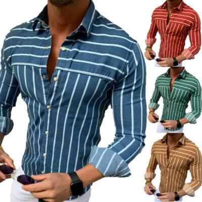 

New Men Stylish Casual Dress Slim Fit Shirt Long Sleeve Formal Striped Tops