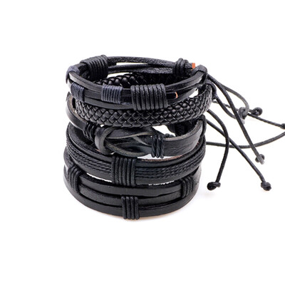

Trend Personality Black Cowhide Leather Manual Weaving Bracelet 5-Piece Set Mens Jewellery Unisex Pair